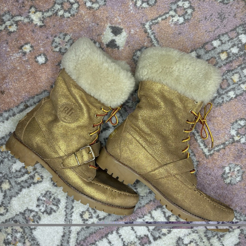 Ralph Lauren Zabby Boots Gold Metallic Lace Up Shearling Lined Womens Size 9.5 B